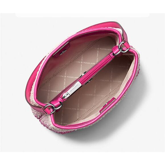 Michael Kors Pratt Women Medium Ombré Straw Bucket Shoulder Bag Dragonfruit - Picture 3 of 9